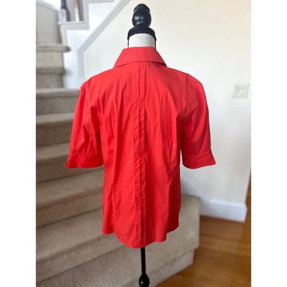 Lafayette 148 Orange Red Pin Tuck Pleat 3/4 Sleeve Collared Button Down Blouse - Picture 3 of 6